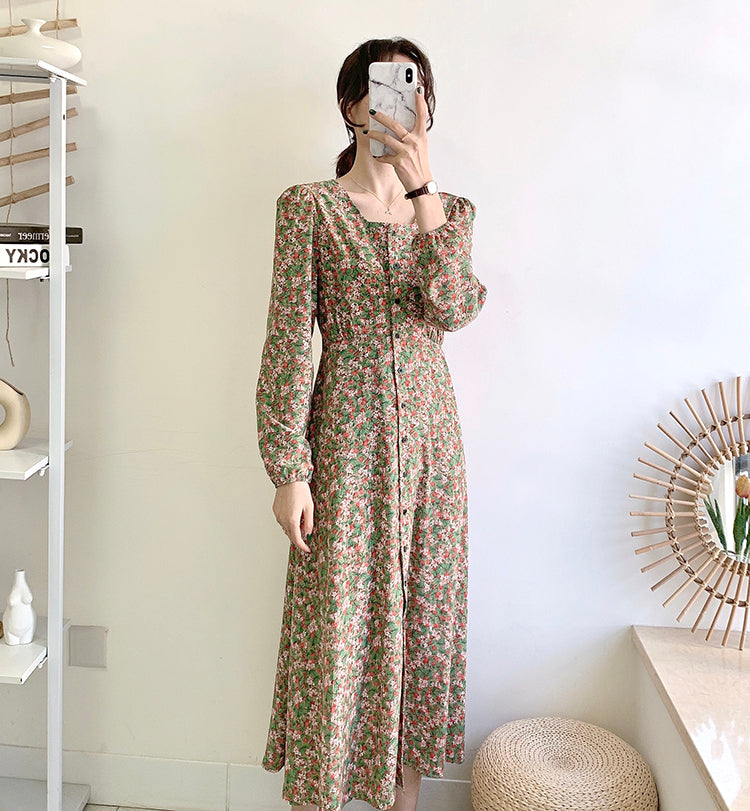 Knee thin lace up square neck fairy Vintage Floral Dress  3911