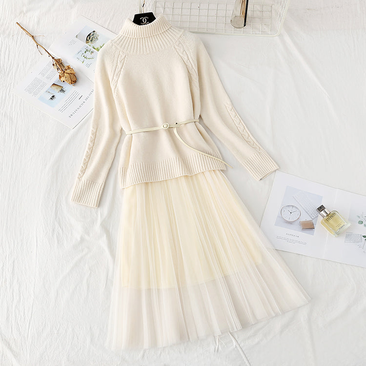 High neck sweater knitted dress mesh two-piece suit skirt  3960