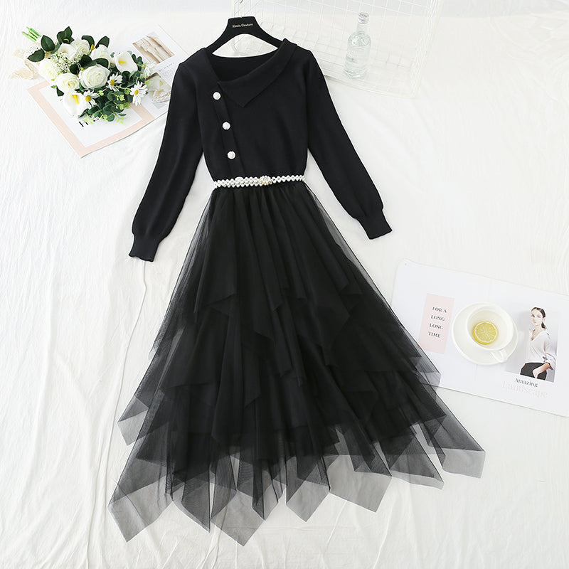 Mesh stitched irregular long skirt waist closing temperament gentle dress  3923