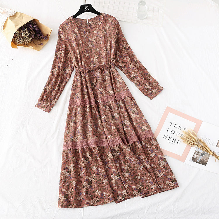 Korean Chiffon Dress French retro waist broken flower  3972