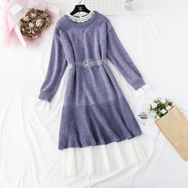 Knitted over knee wool dress with mesh inner skirt  3999