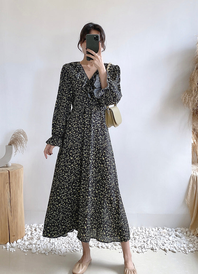 V-neck waist closing thin lotus leaf sleeve Floral Chiffon gentle wind dress  3912