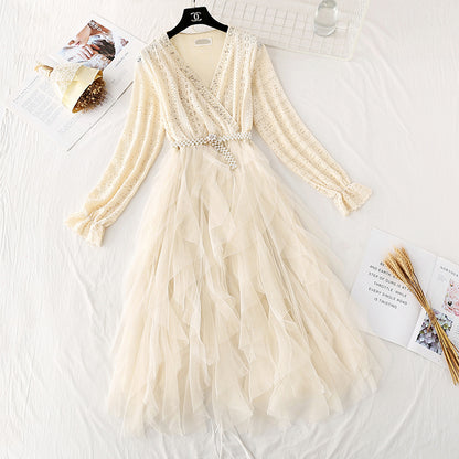 Mesh stitched cake skirt shows thin temperament at the waist  4045