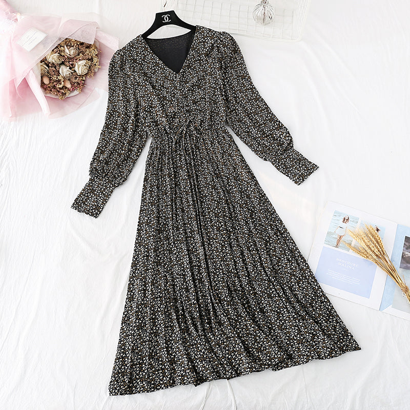 Retro broken flower pleated long skirt fairy super fairy series  4046