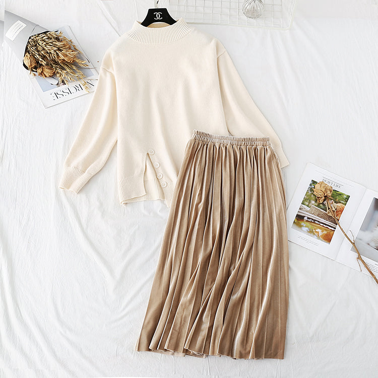 Split sweater + golden velvet skirt suit two-piece set  3977