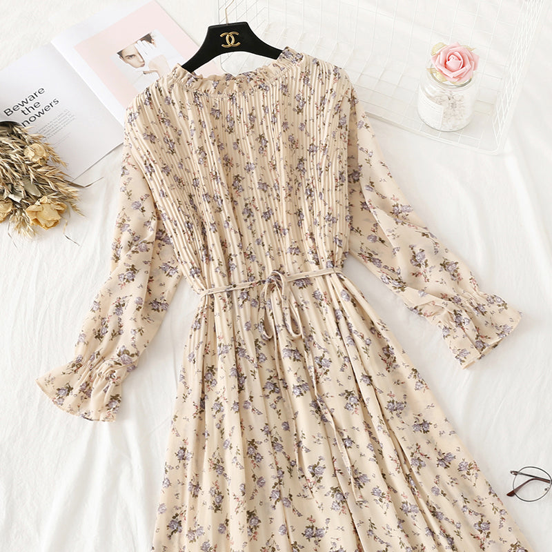 Sanfter Wind Französisches Retro-Chiffonkleid mit Wellenspitze Damen 3986