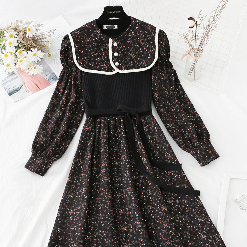 Lapel patchwork floral dress versatile aging skirt  4070