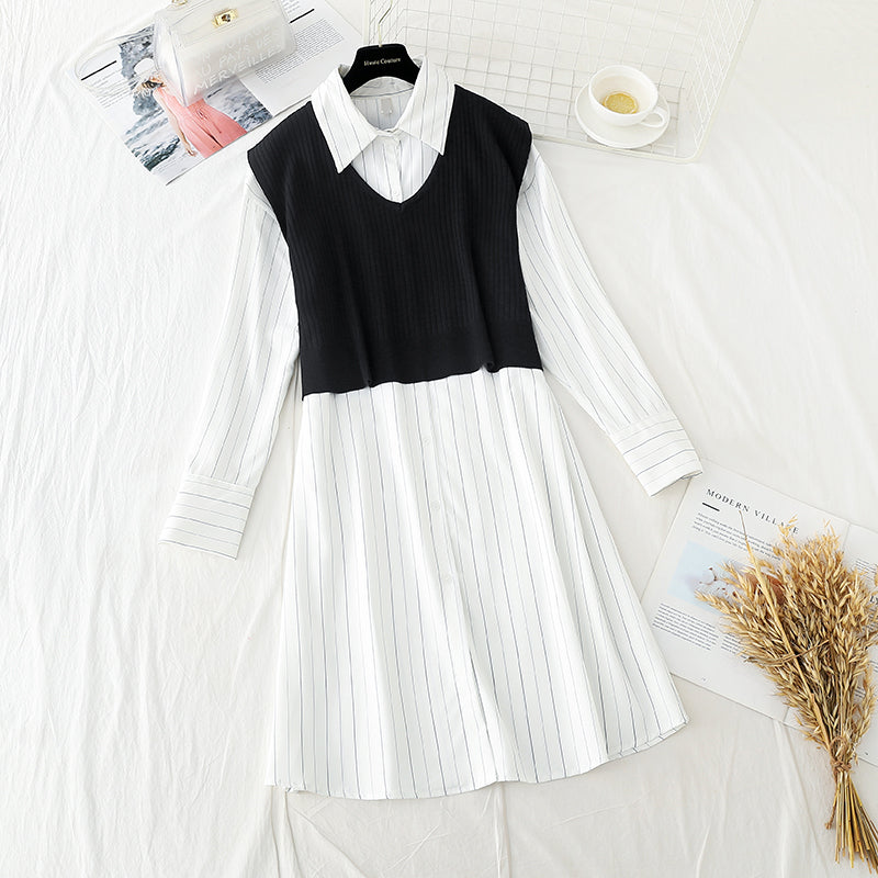 Striped shirt + knitted vest suit college English two piece set  3896