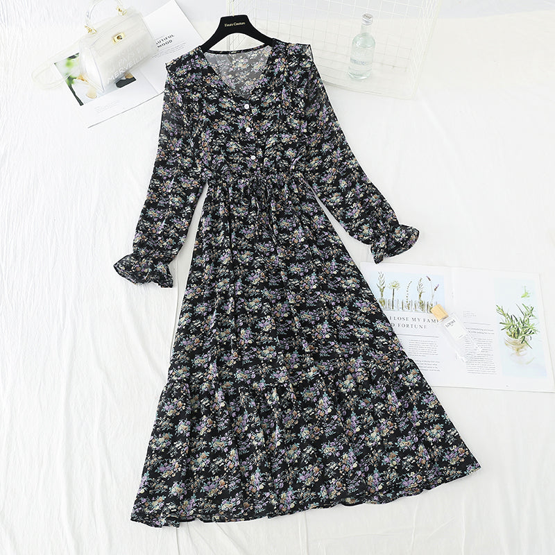 Thin pleated lace up temperament gentle wind long skirt  3867