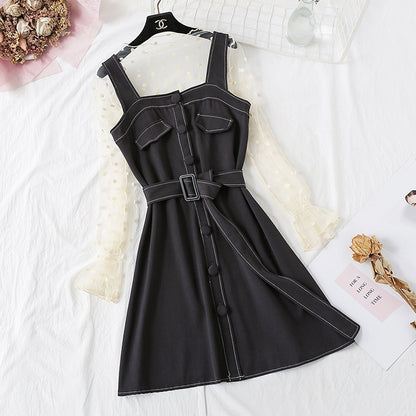 Strapskleid + Polka Dot-Shirt mit Netzboden, Set für Damen 3863