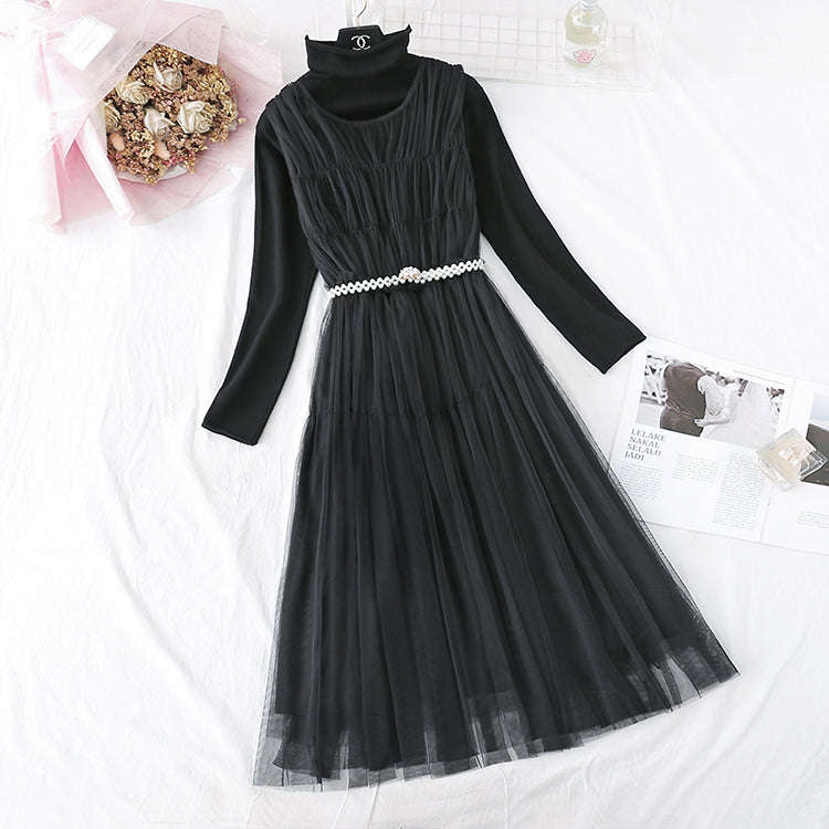 Mesh vest skirt + high neck bottomed shirt two-piece set  3979