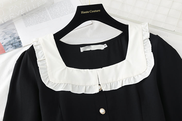 Ruffled baby collar French small black skirt long style  3834