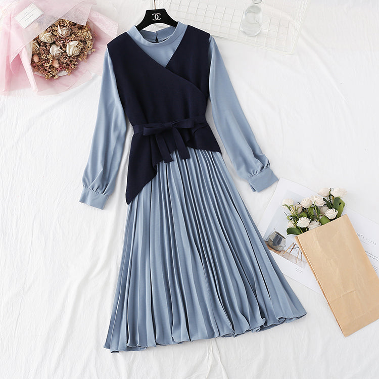 Knitted dress net red dress two piece suit  3875