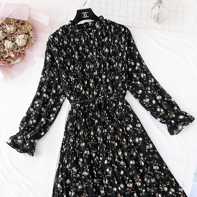 Sanfter Wind Französisches Retro-Chiffonkleid mit Wellenspitze Damen 3986