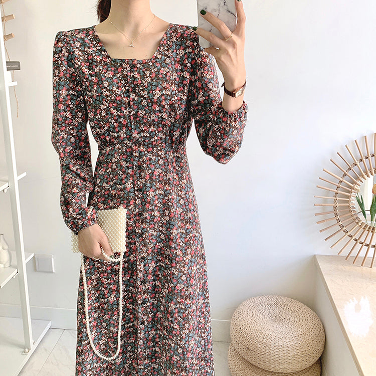 Knee thin lace up square neck fairy Vintage Floral Dress  3911