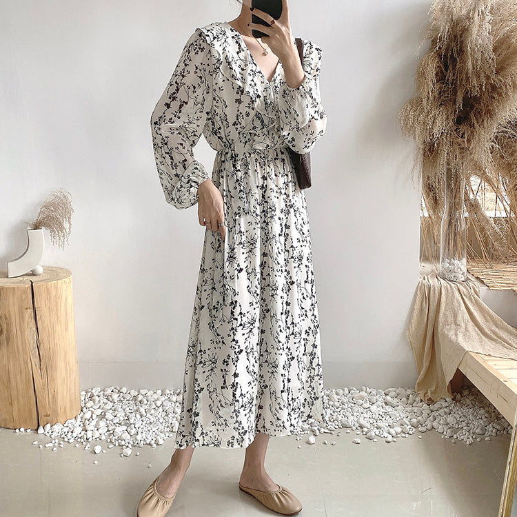 Retro High Waist over knee thin Chiffon Dress  3882