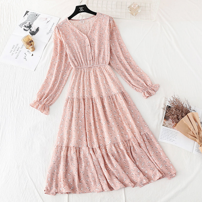 French retro thin fairy broken flower long skirt  3822