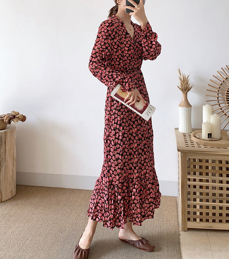 Fashion Pleated Chiffon Floral Dress  3898