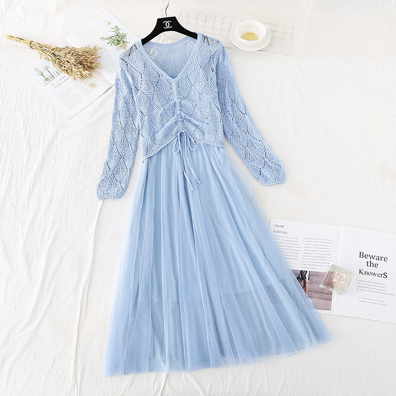 Hollowed out sweater suspender mesh skirt  3826