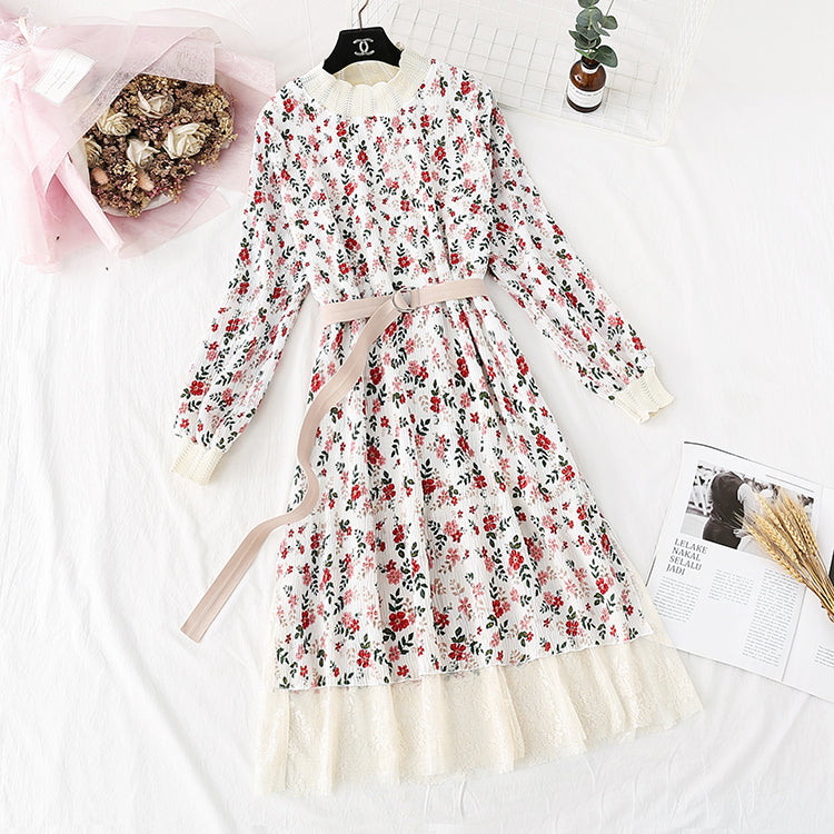 Printed French retro pleated slim waist skirt  3967