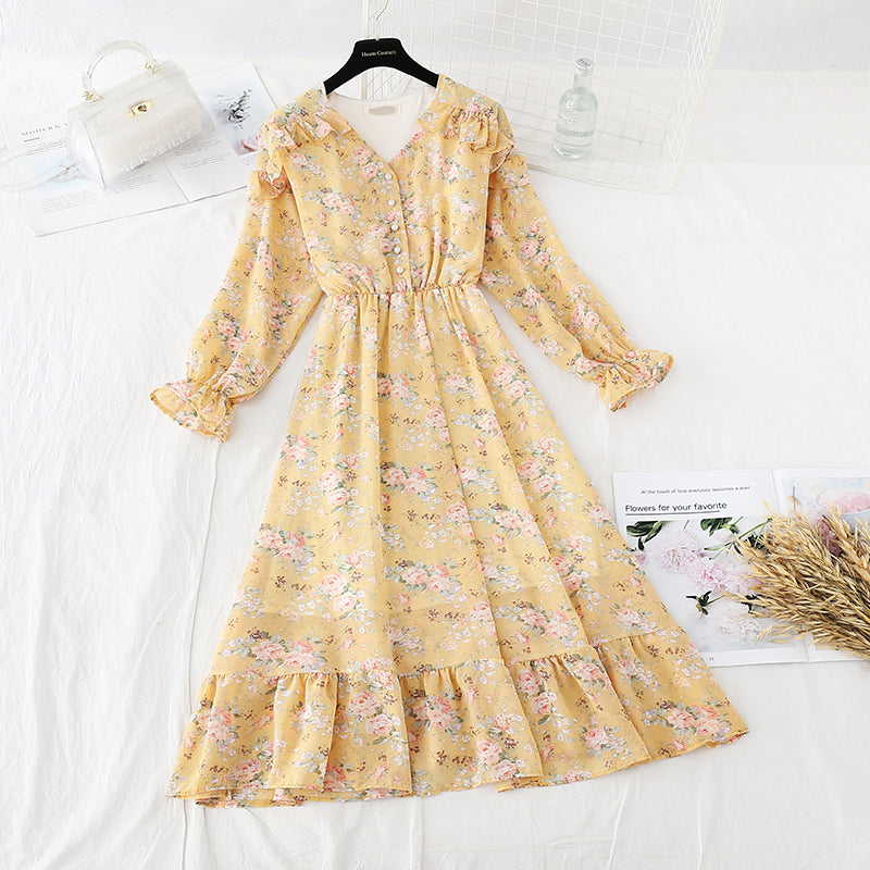 Robe rétro française à manches longues en mousseline de soie 3833