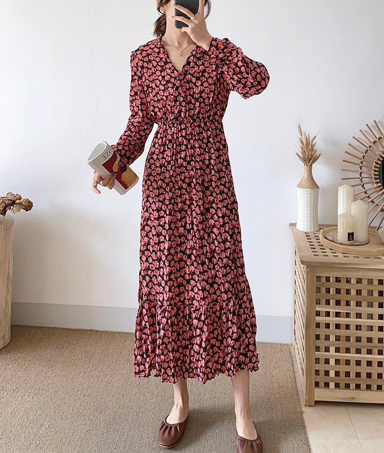 Fashion Pleated Chiffon Floral Dress  3898