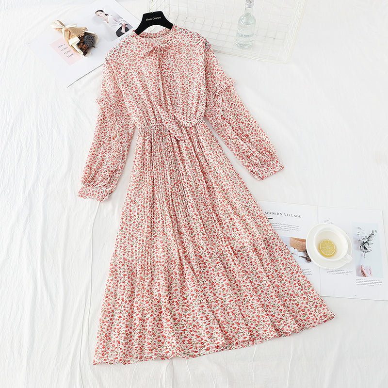Bow tie Floral Chiffon slim dress  3886
