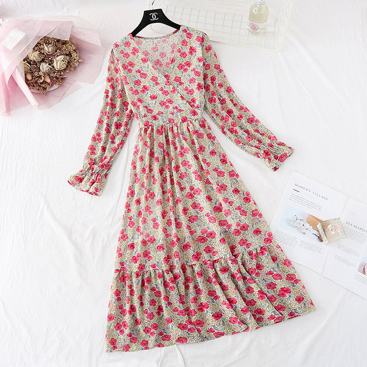 V-neck floral skirt with a slim waist and a long skirt with a large swing  4029