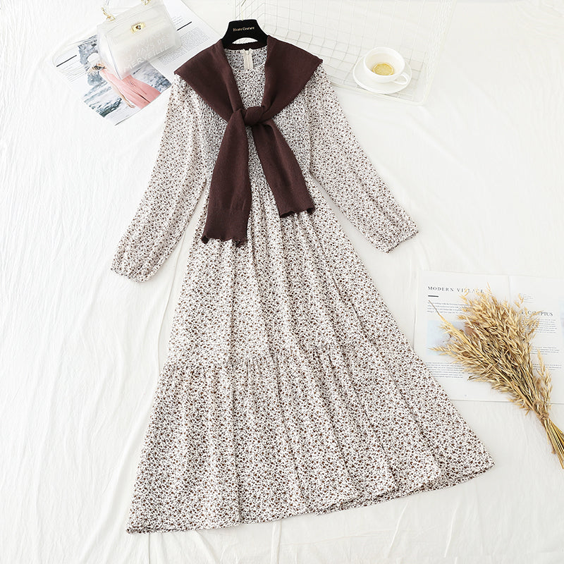 Long large skirt stitched small fresh floral dress with shawl  3880