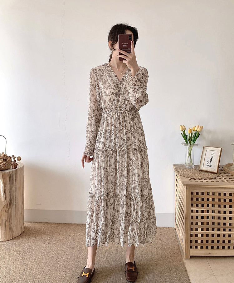 Thin V-neck pleated retro gentle wind over knee floral skirt  3910