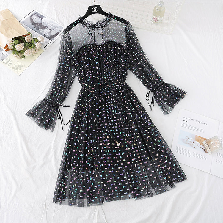 Sweet wave dot lace mesh dress  4039