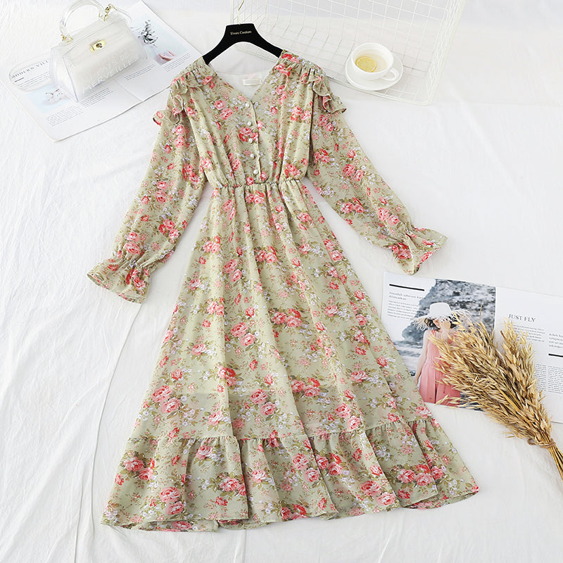 Robe rétro française à manches longues en mousseline de soie 3833