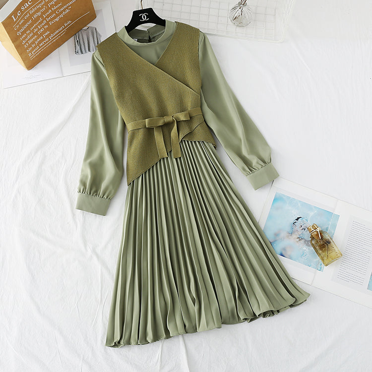 Knitted dress net red dress two piece suit  3875