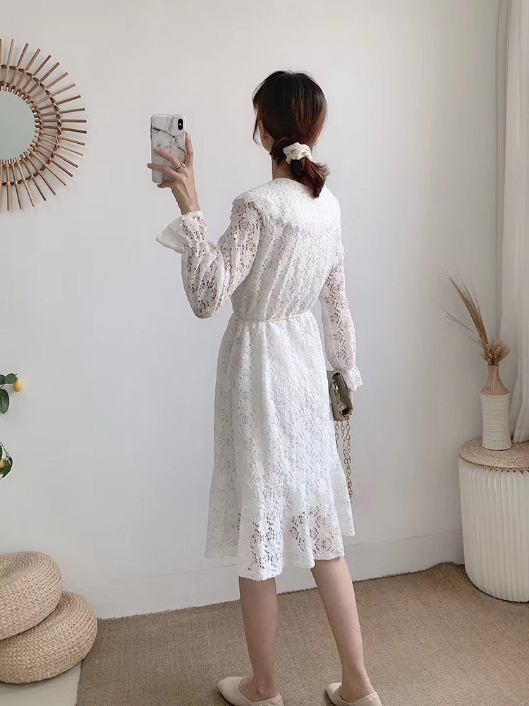 Einfarbiger langer Rock mit Reversausschnitt und Schnürung an der Taille, schmal über dem Knie 3905