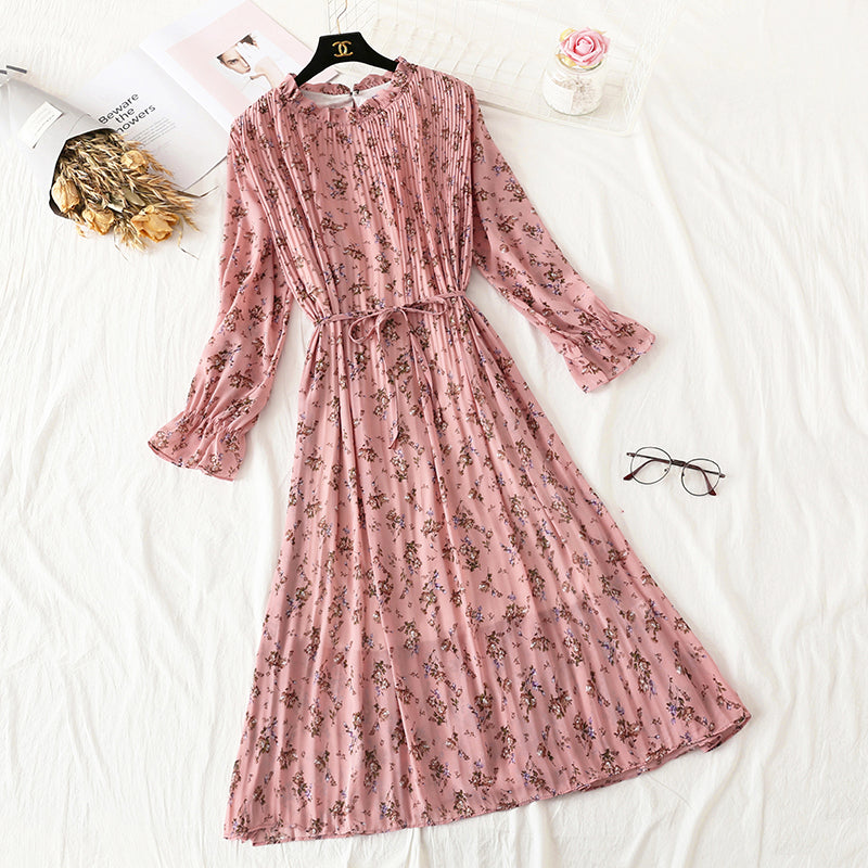 Sanfter Wind Französisches Retro-Chiffonkleid mit Wellenspitze Damen 3986