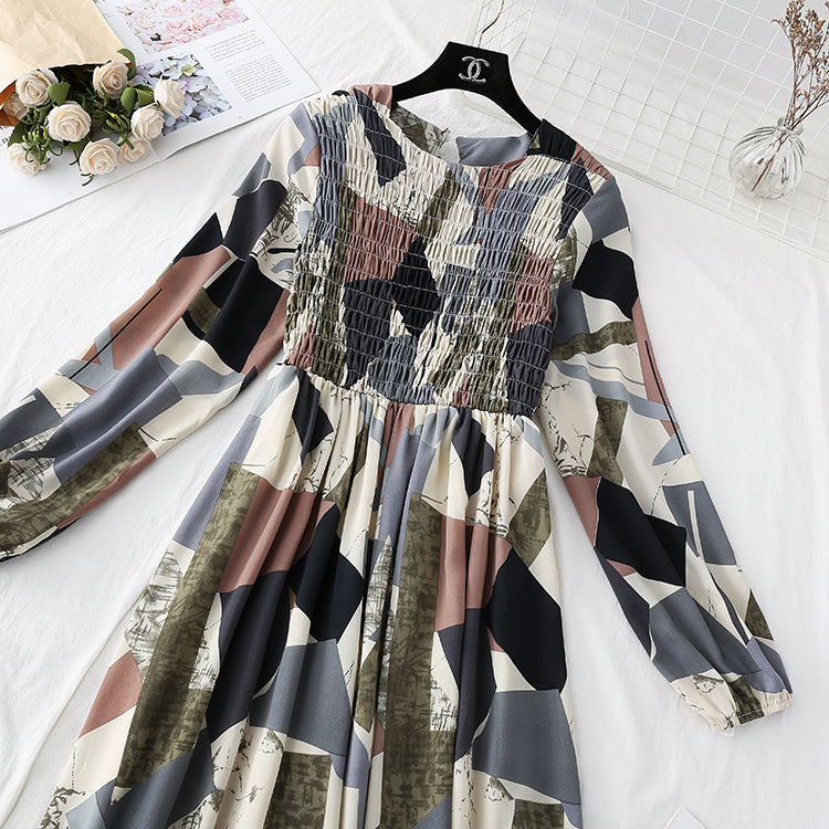 French retro printed pleated long skirt fairy super fairy series  3815