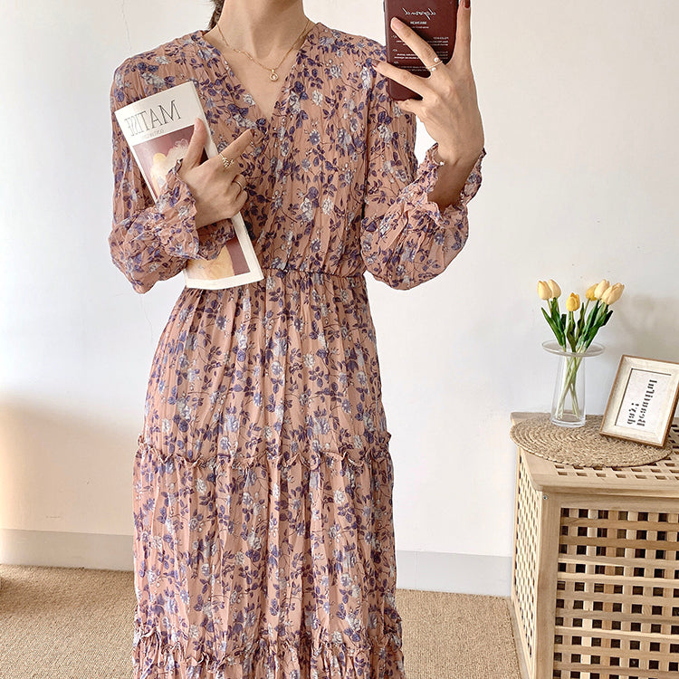 Thin V-neck pleated retro gentle wind over knee floral skirt  3910