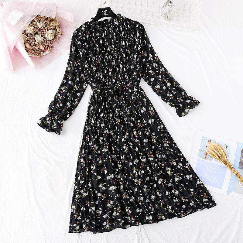 Sanfter Wind Französisches Retro-Chiffonkleid mit Wellenspitze Damen 3986