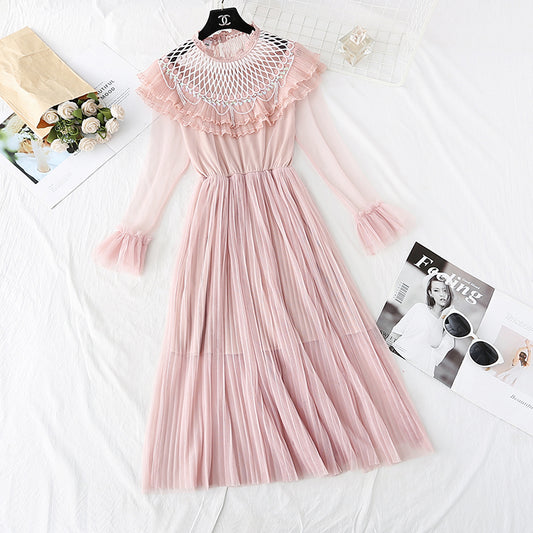 Ruffle pleated French super xiansen mesh dress  3806