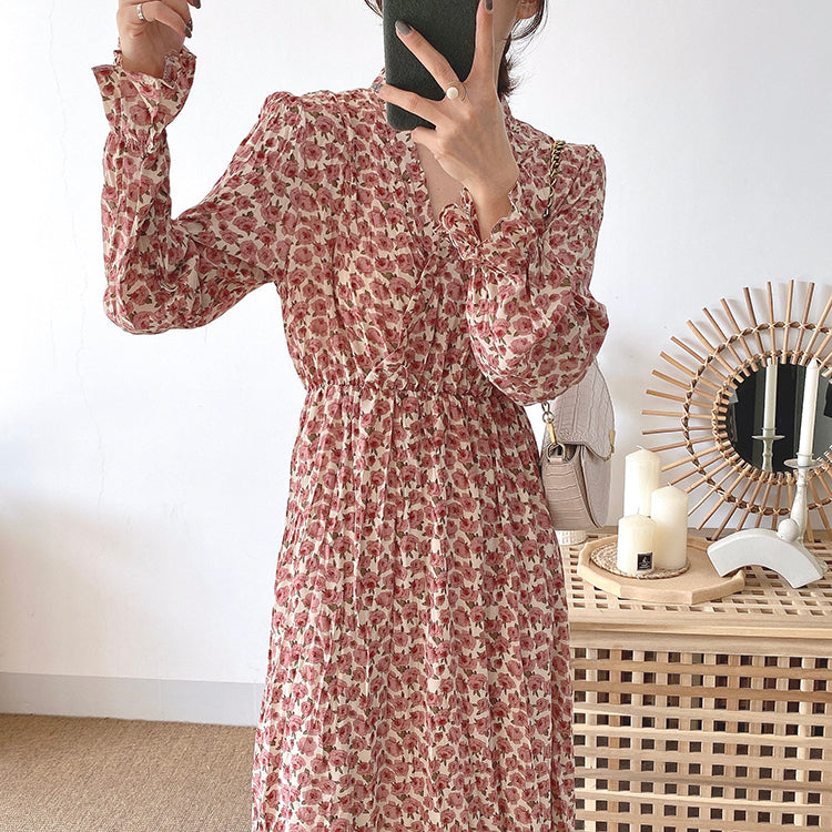 Fashion Pleated Chiffon Floral Dress  3898