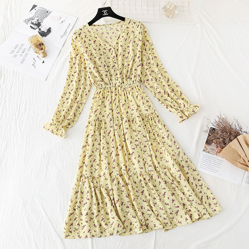 French retro thin fairy broken flower long skirt  3822