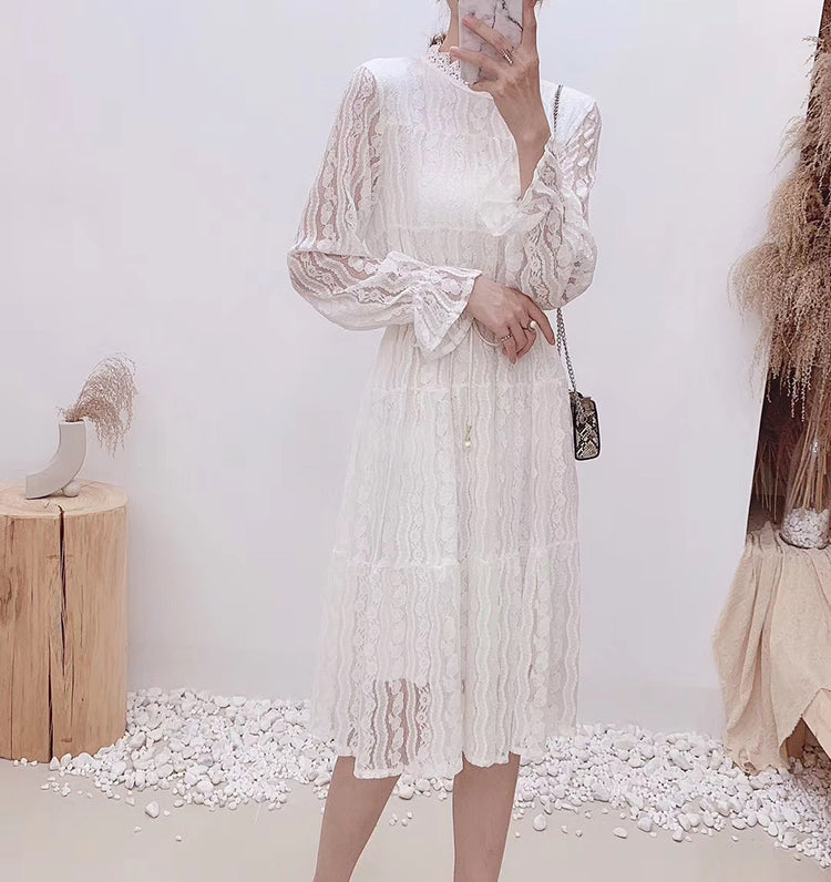 Hollow out lace long sleeve round neck high waist thin Fairy Dress  3872