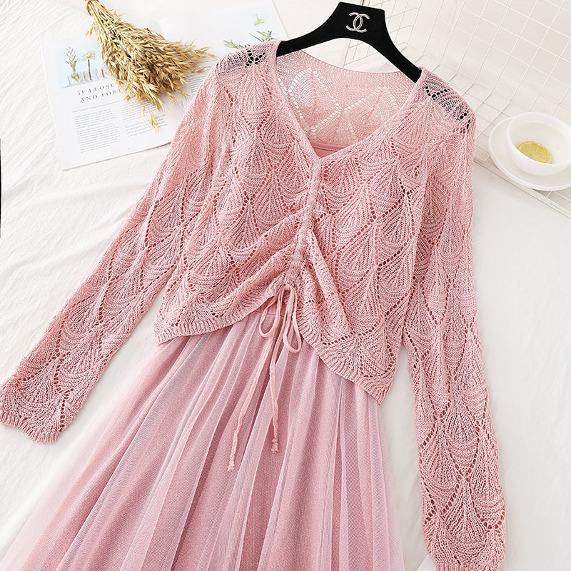 Hollowed out sweater suspender mesh skirt  3826