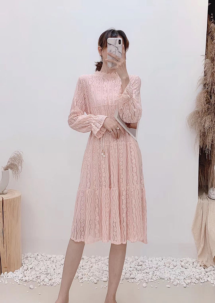 Hollow out lace long sleeve round neck high waist thin Fairy Dress  3872