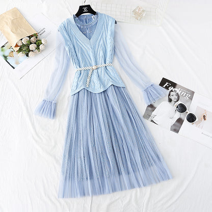 Xiaoxiangfeng suit knitted sweater mesh skirt  3805