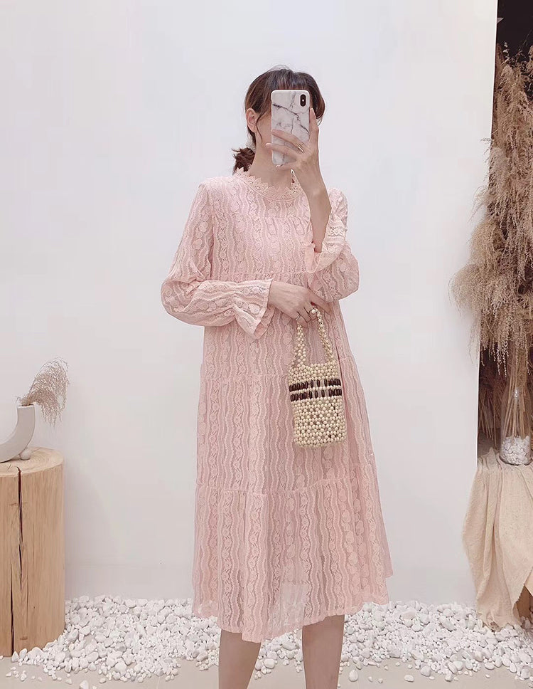 Hollow out lace long sleeve round neck high waist thin Fairy Dress  3872