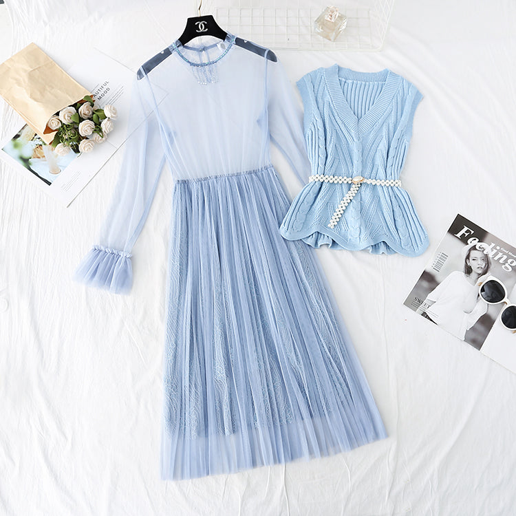 Xiaoxiangfeng suit knitted sweater mesh skirt  3805