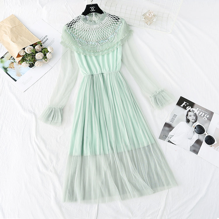 Ruffle pleated French super xiansen mesh dress  3806