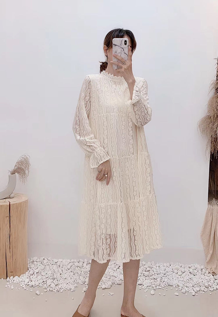 Hollow out lace long sleeve round neck high waist thin Fairy Dress  3872