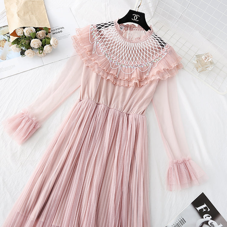 Ruffle pleated French super xiansen mesh dress  3806